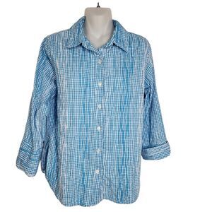 Coldwater Creek Womens Top Medium Blue Gingham Button Smocked 3/4 Sleeve Stretch